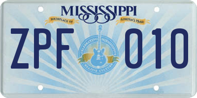 MS license plate ZPF010