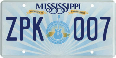 MS license plate ZPK007