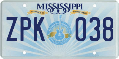 MS license plate ZPK038