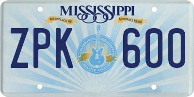 MS license plate ZPK600