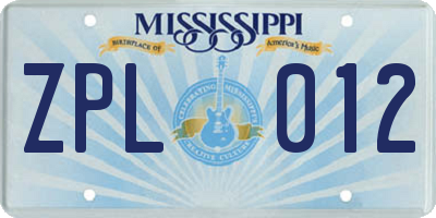 MS license plate ZPL012