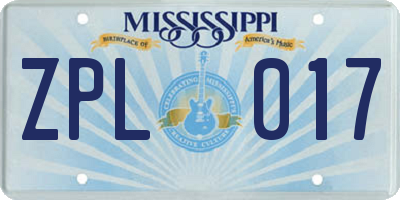 MS license plate ZPL017