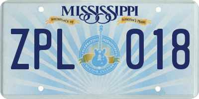 MS license plate ZPL018