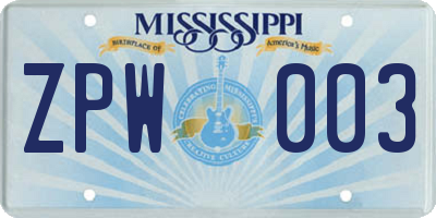 MS license plate ZPW003