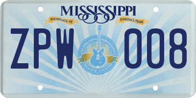 MS license plate ZPW008