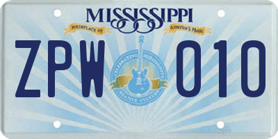 MS license plate ZPW010
