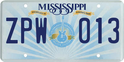 MS license plate ZPW013