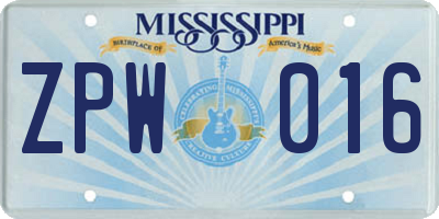 MS license plate ZPW016
