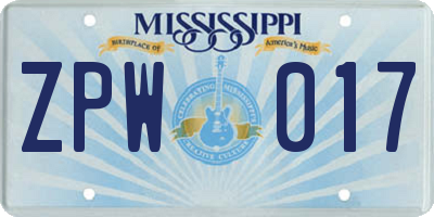 MS license plate ZPW017