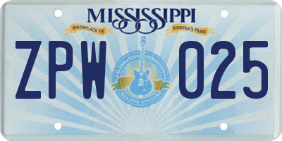MS license plate ZPW025