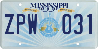 MS license plate ZPW031