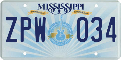MS license plate ZPW034