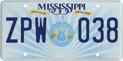 MS license plate ZPW038