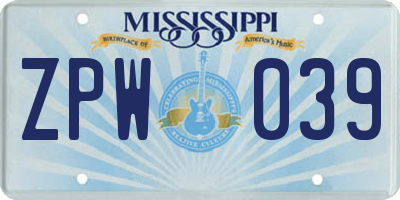 MS license plate ZPW039