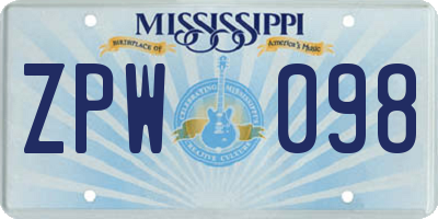 MS license plate ZPW098