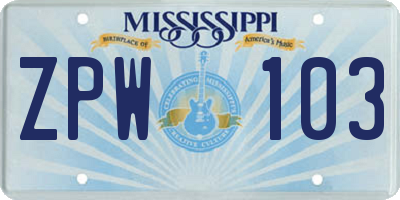 MS license plate ZPW103