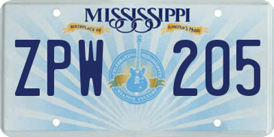 MS license plate ZPW205