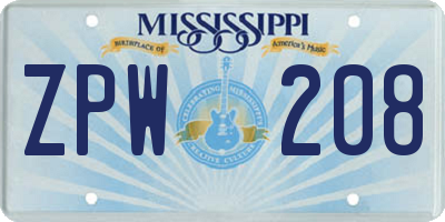 MS license plate ZPW208