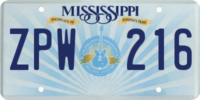 MS license plate ZPW216