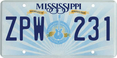 MS license plate ZPW231