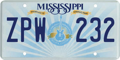 MS license plate ZPW232