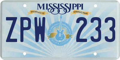 MS license plate ZPW233