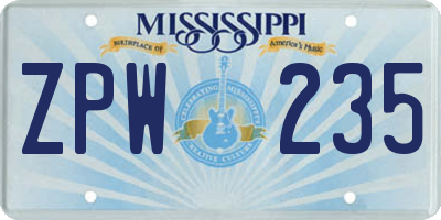 MS license plate ZPW235