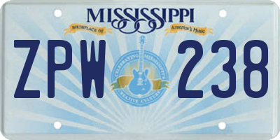 MS license plate ZPW238