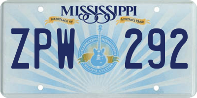 MS license plate ZPW292