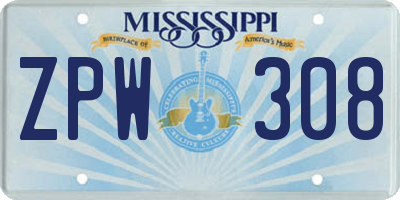MS license plate ZPW308