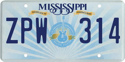 MS license plate ZPW314