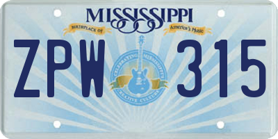 MS license plate ZPW315