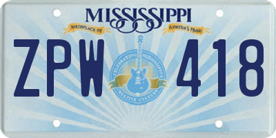MS license plate ZPW418