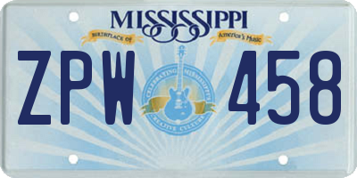 MS license plate ZPW458