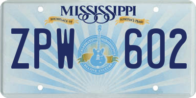 MS license plate ZPW602