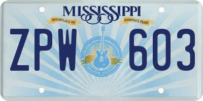 MS license plate ZPW603