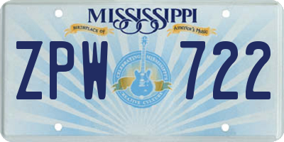 MS license plate ZPW722