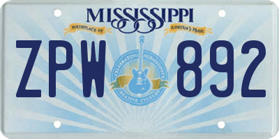 MS license plate ZPW892