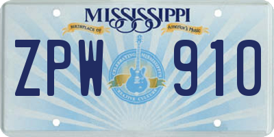 MS license plate ZPW910