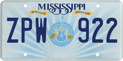 MS license plate ZPW922