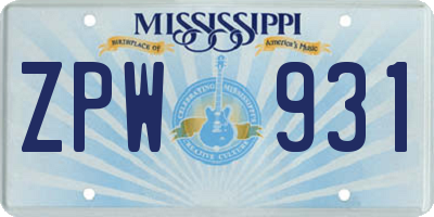 MS license plate ZPW931