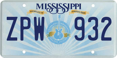MS license plate ZPW932