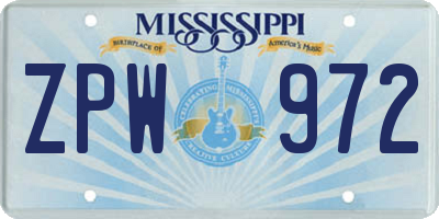 MS license plate ZPW972