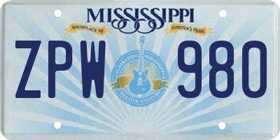 MS license plate ZPW980