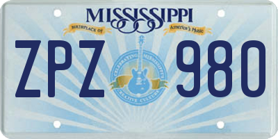 MS license plate ZPZ980