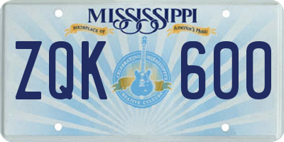 MS license plate ZQK600
