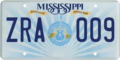 MS license plate ZRA009