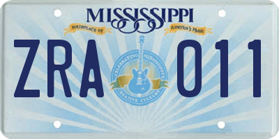 MS license plate ZRA011