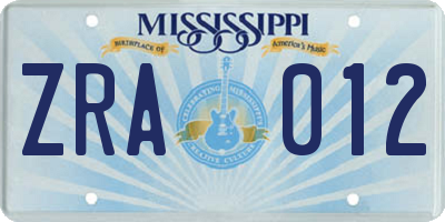 MS license plate ZRA012