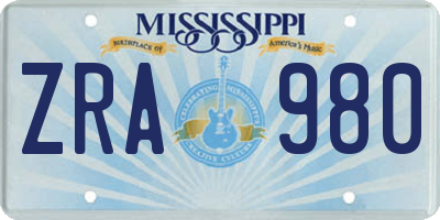 MS license plate ZRA980